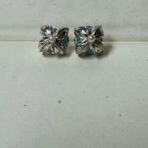Vintage Silver and Blue Floral Pearl Stud Earrings